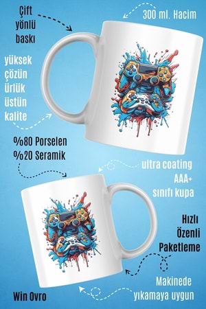 Win Ovro Premium Beyaz Porselen Hediye Kupa Bardak Çift Yön Baskı - Joystick Fırtınası PS Kol Art