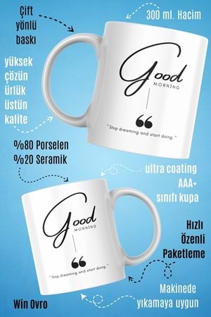 Win Ovro Premium Beyaz Porselen Hediye Kupa Bardak Çift Yön Baskı - Good Morning Dream