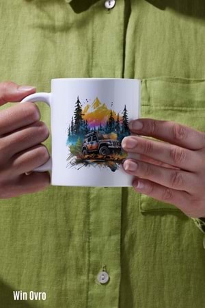 Win Ovro Premium Beyaz Porselen Hediye Kupa Bardak Çift Yön Baskı - Nature Car Off Road Jeep