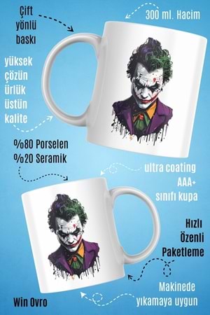 Win Ovro Premium Beyaz Porselen Hediye Kupa Bardak Çift Yön Baskı - Joker Renkli Tasarım