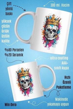 Win Ovro Premium Beyaz Porselen Hediye Kupa Bardak Çift Yön Baskı - Ölümsüz Kral Skeleton King
