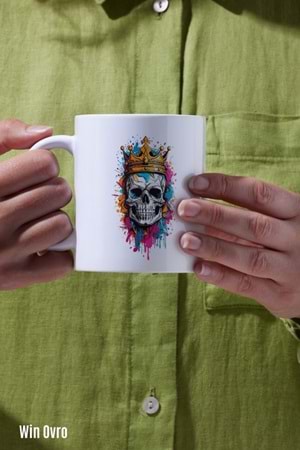 Win Ovro Premium Beyaz Porselen Hediye Kupa Bardak Çift Yön Baskı - Ölümsüz Kral Skeleton King
