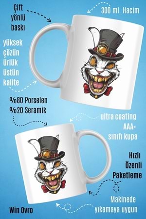 Win Ovro Premium Beyaz Porselen Hediye Kupa Bardak Çift Yön Baskı - Altın Dişli Şapkacı Deli Tavşan