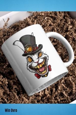 Win Ovro Premium Beyaz Porselen Hediye Kupa Bardak Çift Yön Baskı - Altın Dişli Şapkacı Deli Tavşan