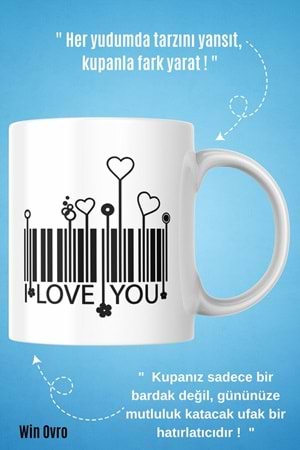 Win Ovro Premium Beyaz Porselen Hediye Kupa Bardak Çift Yön Baskı - I Love You Barkot