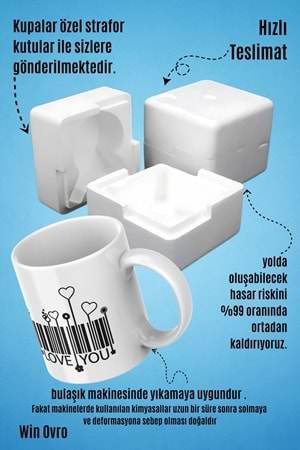 Win Ovro Premium Beyaz Porselen Hediye Kupa Bardak Çift Yön Baskı - I Love You Barkot