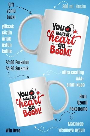 Win Ovro Premium Beyaz Porselen Hediye Kupa Bardak Çift Yön Baskı - Make My Heart go Boom