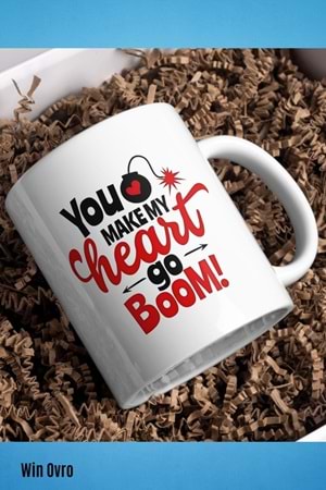 Win Ovro Premium Beyaz Porselen Hediye Kupa Bardak Çift Yön Baskı - Make My Heart go Boom