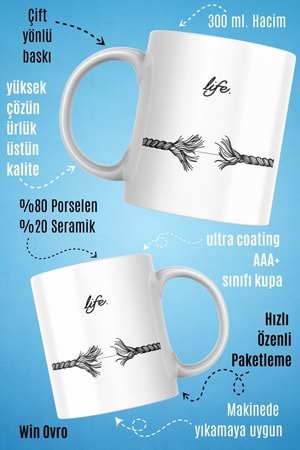Win Ovro Premium Beyaz Porselen Hediye Kupa Bardak Çift Yön Baskı - Life is This Hayat İşte Bu