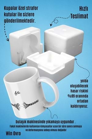 Win Ovro Premium Beyaz Porselen Hediye Kupa Bardak Çift Yön Baskı - Life is This Hayat İşte Bu