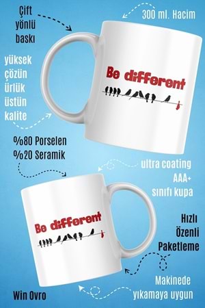 Win Ovro Premium Beyaz Porselen Hediye Kupa Bardak Çift Yön Baskı - Be Different Farklı Ol