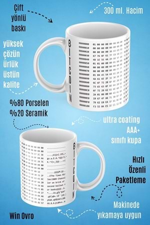 Win Ovro Premium Beyaz Porselen Hediye Çift Yön Baskılı Kupa Bardak - Bitcoin Origin Block