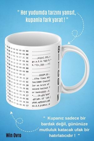 Win Ovro Premium Beyaz Porselen Hediye Çift Yön Baskılı Kupa Bardak - Bitcoin Origin Block