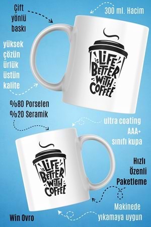 Win Ovro Premium Beyaz Porselen Hediye Çift Yön Baskılı Kupa Bardak - İs Life Better With Coffee