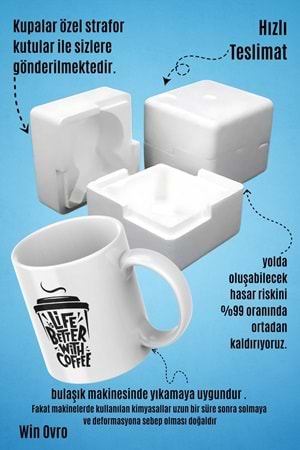 Win Ovro Premium Beyaz Porselen Hediye Çift Yön Baskılı Kupa Bardak - İs Life Better With Coffee