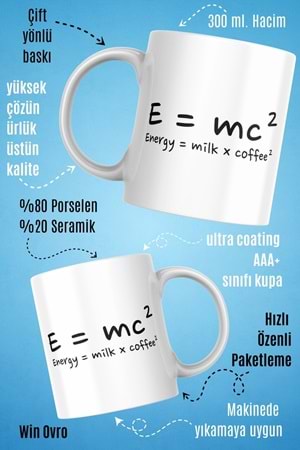 Win Ovro Premium Beyaz Porselen Hediye Çift Yön Baskılı Kupa Bardak - Energy Milk Coffee
