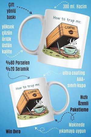 Win Ovro Premium Beyaz Porselen Hediye Çift Yön Baskılı Kupa Bardak - How to Trap me Coffee