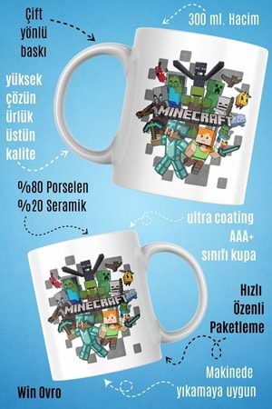 Win Ovro Premium Beyaz Porselen Hediye Çift Yön Baskılı Kupa Bardak - Minecraft 04