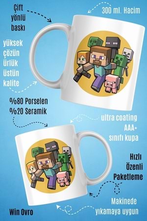 Win Ovro Premium Beyaz Porselen Hediye Çift Yön Baskılı Kupa Bardak - Minecraft 05