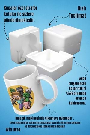 Win Ovro Premium Beyaz Porselen Hediye Çift Yön Baskılı Kupa Bardak - Minecraft 05