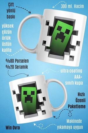 Win Ovro Premium Beyaz Porselen Hediye Çift Yön Baskılı Kupa Bardak - Minecraft 06