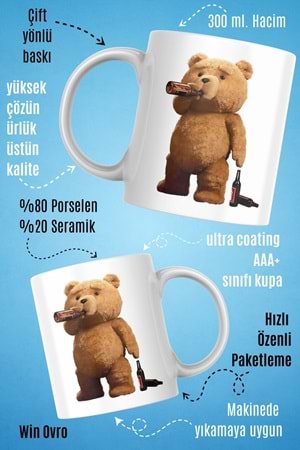 Win Ovro Premium Beyaz Porselen Hediye Çift Yön Baskılı Kupa Bardak - Ayı Teddy Bear 02