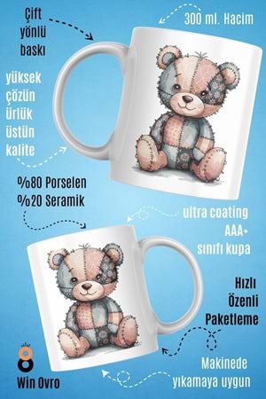 Win Ovro Premium Beyaz Porselen Hediye Çift Yön Baskılı Kupa Bardak - Ayı Teddy Bear 05