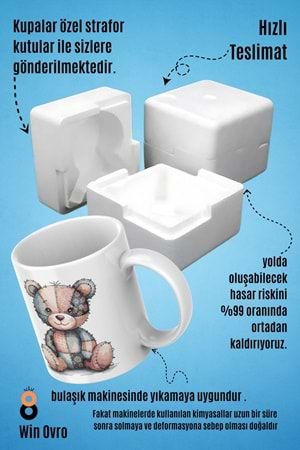 Win Ovro Premium Beyaz Porselen Hediye Çift Yön Baskılı Kupa Bardak - Ayı Teddy Bear 05