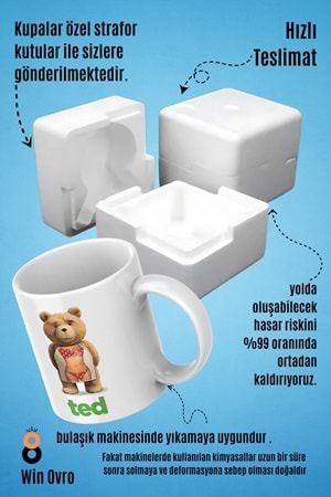 Win Ovro Premium Beyaz Porselen Hediye Çift Yön Baskılı Kupa Bardak - Ayı Teddy Bear 06