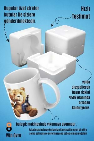 Win Ovro Premium Beyaz Porselen Hediye Çift Yön Baskılı Kupa Bardak - Ayı Teddy Bear 07