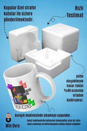 Win Ovro Premium Beyaz Porselen Hediye Çift Yön Baskılı Kupa Bardak - Tetris