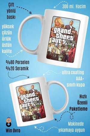 Win Ovro Premium Beyaz Porselen Hediye Çift Yön Baskılı Kupa Bardak - Grand Theft Auto Five V 5 - 01