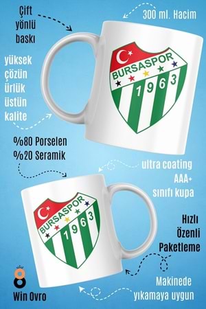 Win Ovro Premium Beyaz Porselen Hediye Çift Yön Baskılı Kupa Bardak - Bursa Spor Logo