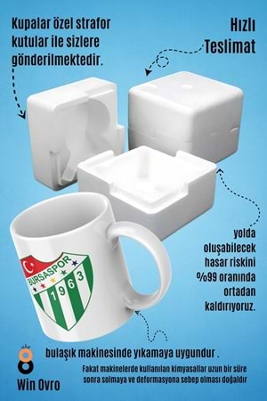 Win Ovro Premium Beyaz Porselen Hediye Çift Yön Baskılı Kupa Bardak - Bursa Spor Logo
