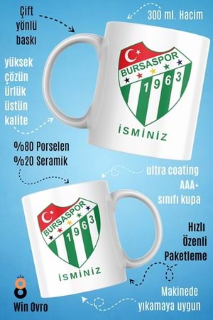 Win Ovro Premium Beyaz Porselen Hediye Çift Yön Baskılı Kupa Bardak - BursaSpor Kişiye Özel İsim