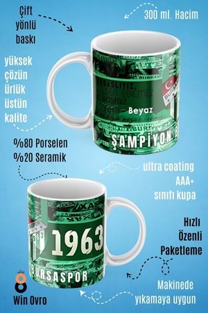 Win Ovro Premium Beyaz Porselen Hediye Çift Yön Baskılı Kupa Bardak - Şampiyon Bursaspor