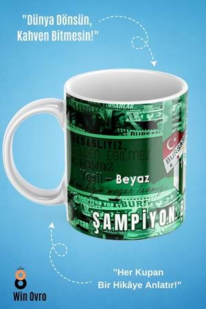 Win Ovro Premium Beyaz Porselen Hediye Çift Yön Baskılı Kupa Bardak - Şampiyon Bursaspor