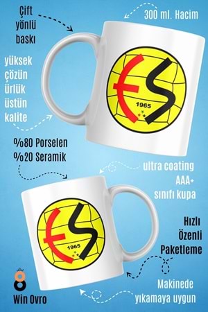 Win Ovro Premium Beyaz Porselen Hediye Çift Yön Baskılı Kupa Bardak - EskişehirSpor