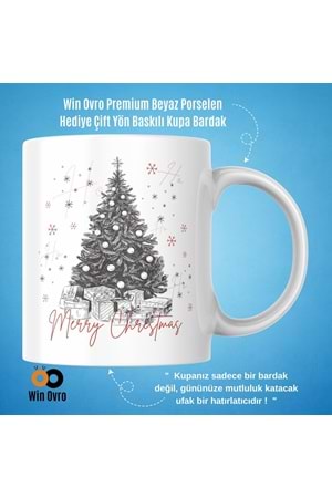Win Ovro Premium Beyaz Porselen Hediye Çift Yön Baskılı Kupa Bardak - Merry Christmas Happy New Ye