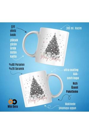 Win Ovro Premium Beyaz Porselen Hediye Çift Yön Baskılı Kupa Bardak - Merry Christmas Happy New Ye
