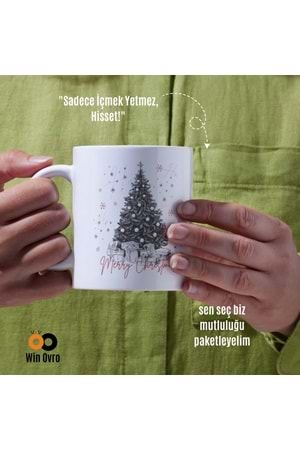 Win Ovro Premium Beyaz Porselen Hediye Çift Yön Baskılı Kupa Bardak - Merry Christmas Happy New Ye