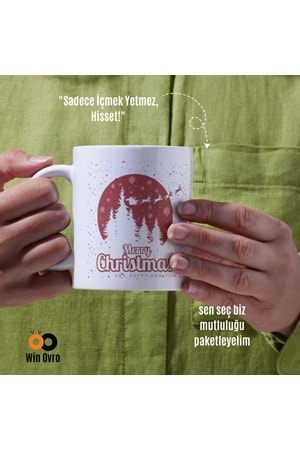 Win Ovro Premium Beyaz Porselen Hediye Çift Yön Baskılı Kupa Bardak - Merry Christmas Happy New