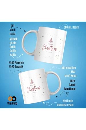 Win Ovro Premium Beyaz Porselen Hediye Çift Yön Baskılı Kupa Bardak - Merry Christmas Happy New 2