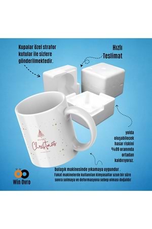 Win Ovro Premium Beyaz Porselen Hediye Çift Yön Baskılı Kupa Bardak - Merry Christmas Happy New 2
