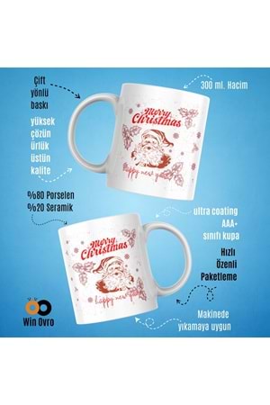 Win Ovro Premium Beyaz Porselen Hediye Çift Yön Baskılı Kupa Bardak - Merry Christmas Happy New 3