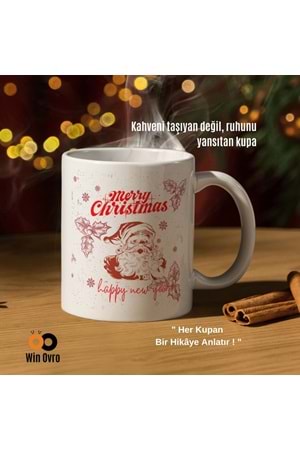 Win Ovro Premium Beyaz Porselen Hediye Çift Yön Baskılı Kupa Bardak - Merry Christmas Happy New 3