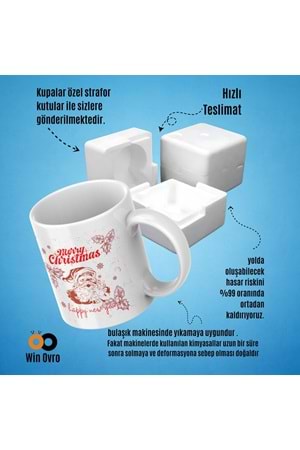 Win Ovro Premium Beyaz Porselen Hediye Çift Yön Baskılı Kupa Bardak - Merry Christmas Happy New 3