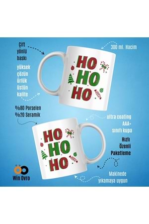 Win Ovro Premium Beyaz Porselen Hediye Çift Yön Baskılı Kupa Bardak - Ho Ho Ho Christmas