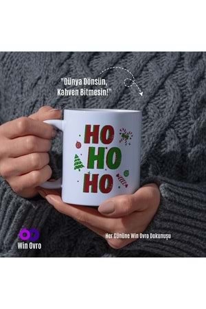 Win Ovro Premium Beyaz Porselen Hediye Çift Yön Baskılı Kupa Bardak - Ho Ho Ho Christmas