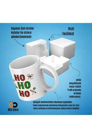 Win Ovro Premium Beyaz Porselen Hediye Çift Yön Baskılı Kupa Bardak - Ho Ho Ho Christmas